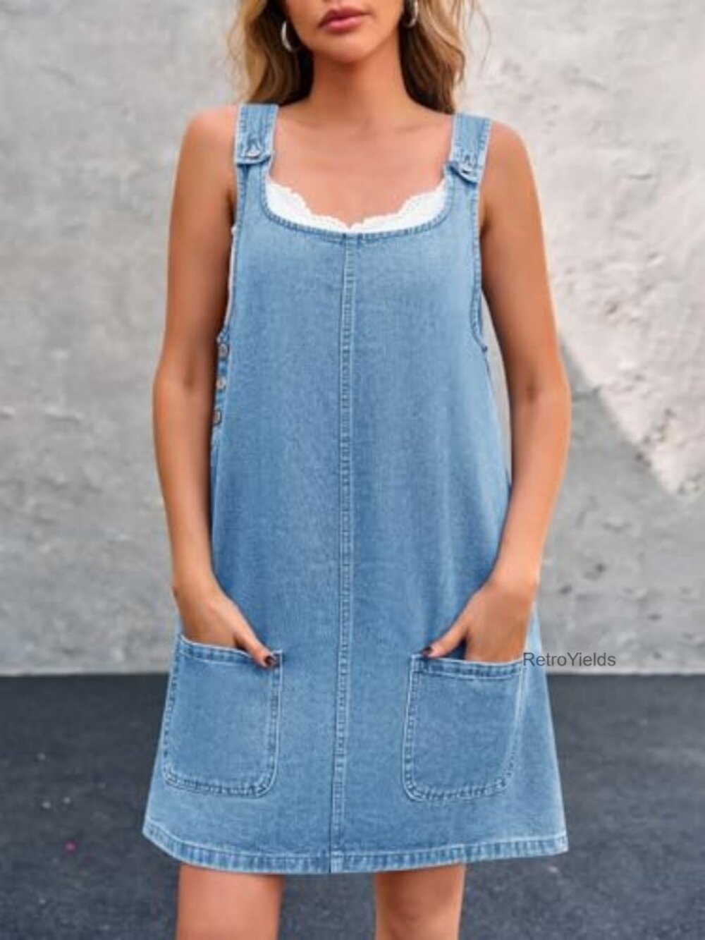 Sleeveless Denim Dress with Pockets Casual Loose Fit Mini Jean Overall - Picture 2 of 7